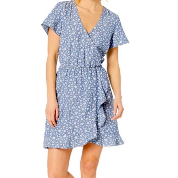 J.Crew Factory Floral Chambray ruffle faux-wrap dress - Picture 1 of 7